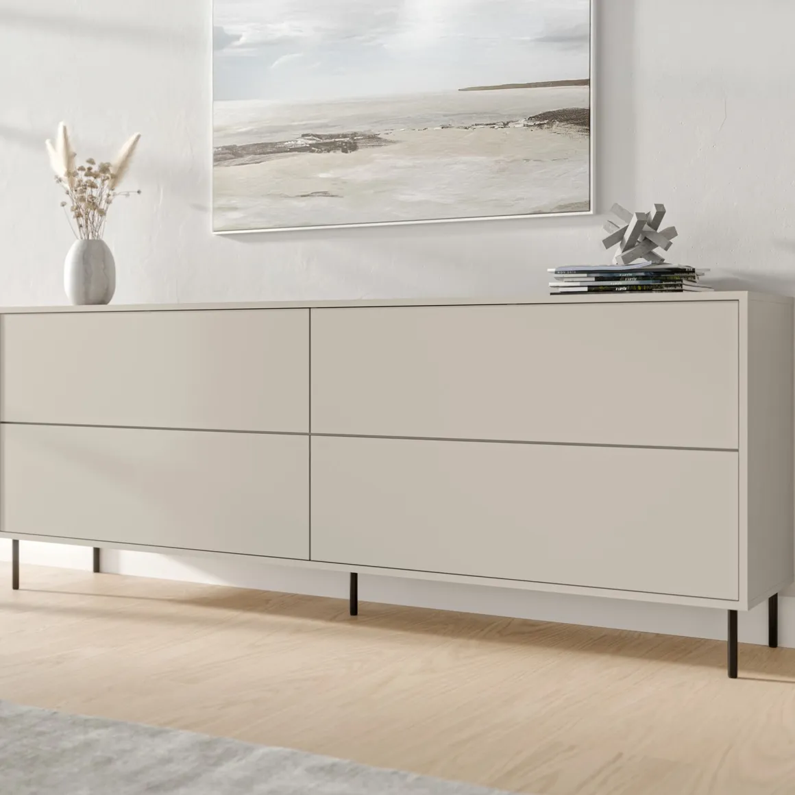 Credenza Beige Nero 2 Ripiani Apertura a Ribalta 200x39x75h cm, 4 Ante - Cataldo