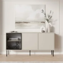 Madie|Credenze > Dmora Credenza Beige Nero 3 Ripiani Apertura Battente 150x40x75h cm, 3 Ante - Conzano Nero, Beige Cashmere