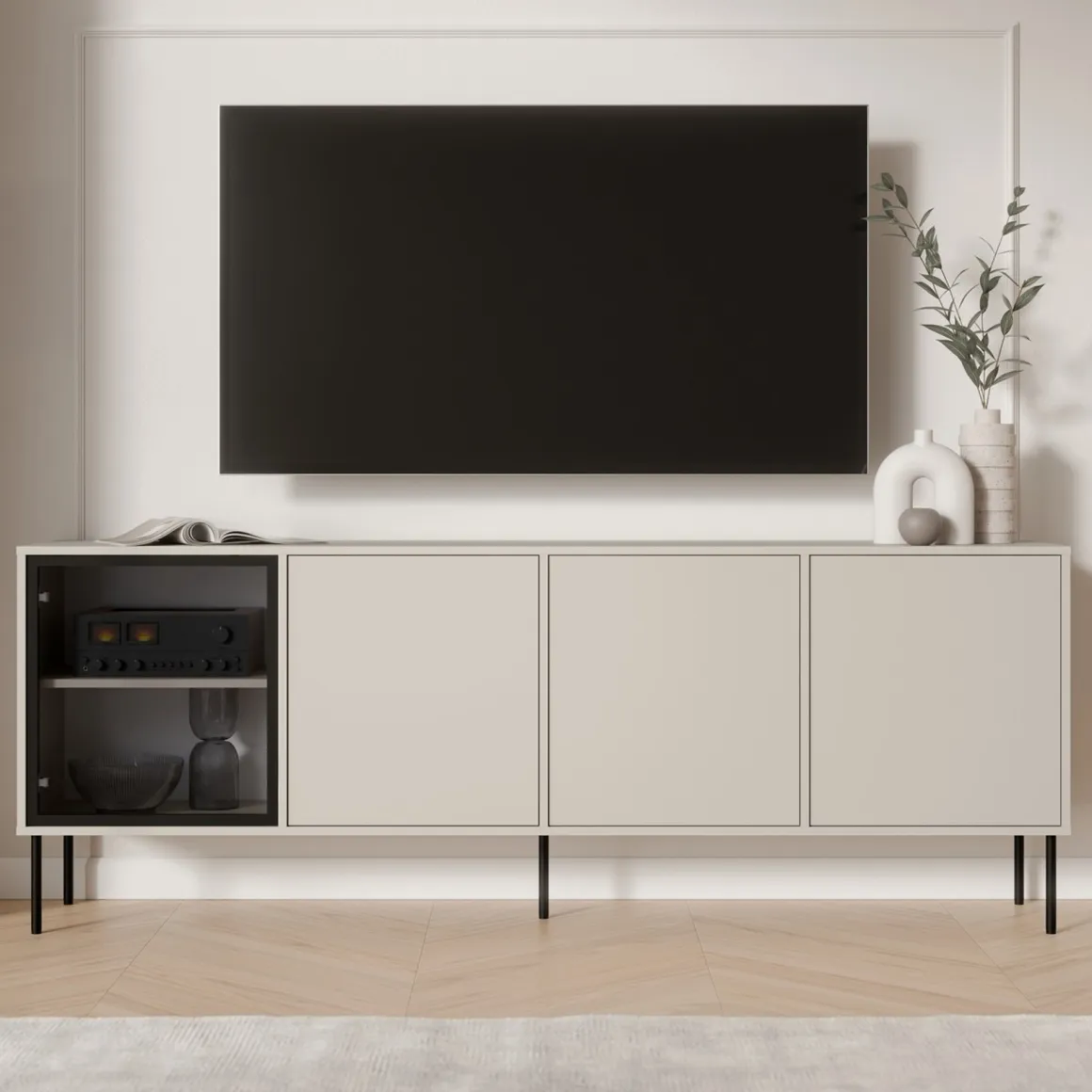 Credenza Beige Nero 4 Ripiani Apertura Battente 200x40x75h cm, 4 Ante - Pizzo