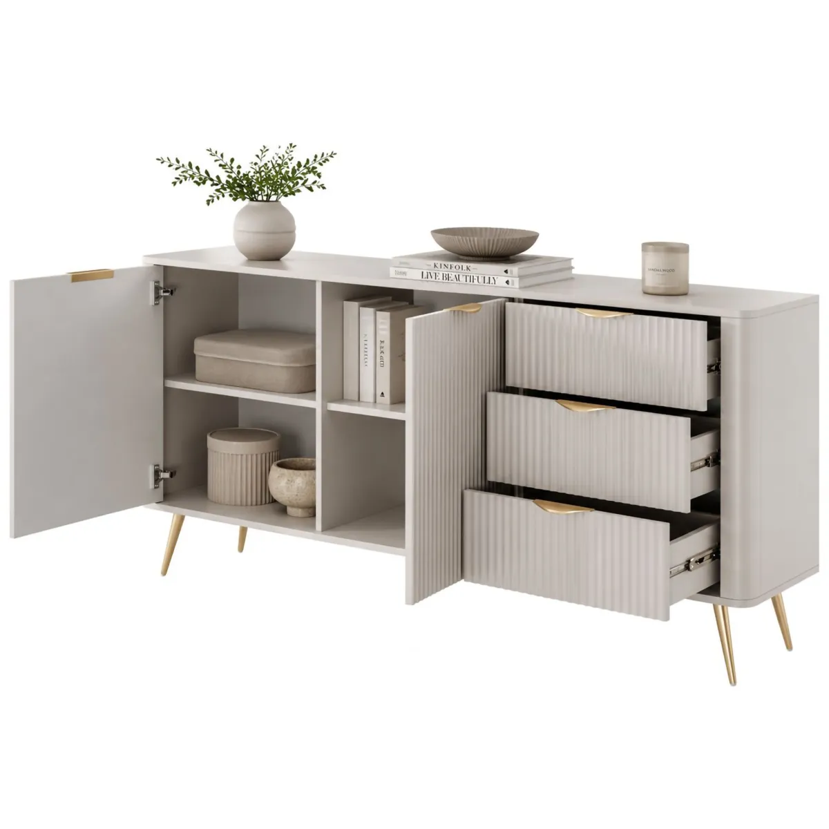 Credenze > Dmora Credenza Beige oro 3 Cassetti 2 Ripiani 163x38x81h cm, Apertura Battente, Scorrevole - Halilala Oro, Beige
