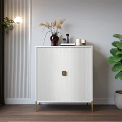 Madie|Credenze > Dmora Credenza Beige oro Cassetti 4 Ripiani 104x40x129h cm, Apertura Battente - Wallis Oro, Beige Cashmere
