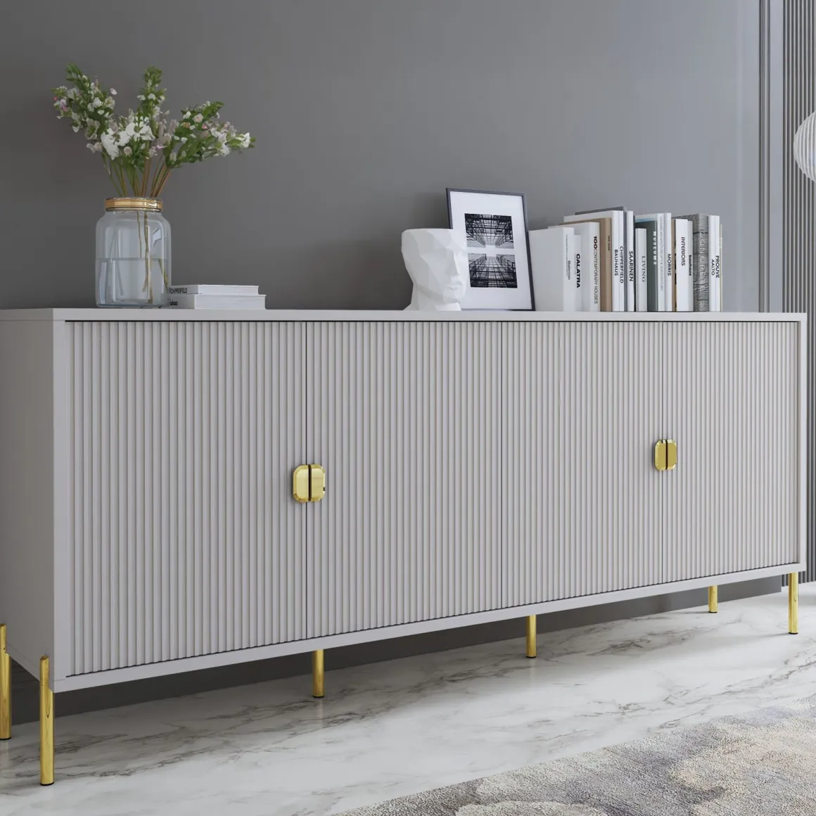 Madie|Credenze > Dmora Credenza Beige oro Cassetti Ripiani 203x49x83h cm, Apertura Battente - Parenti Oro, Beige Cashmere