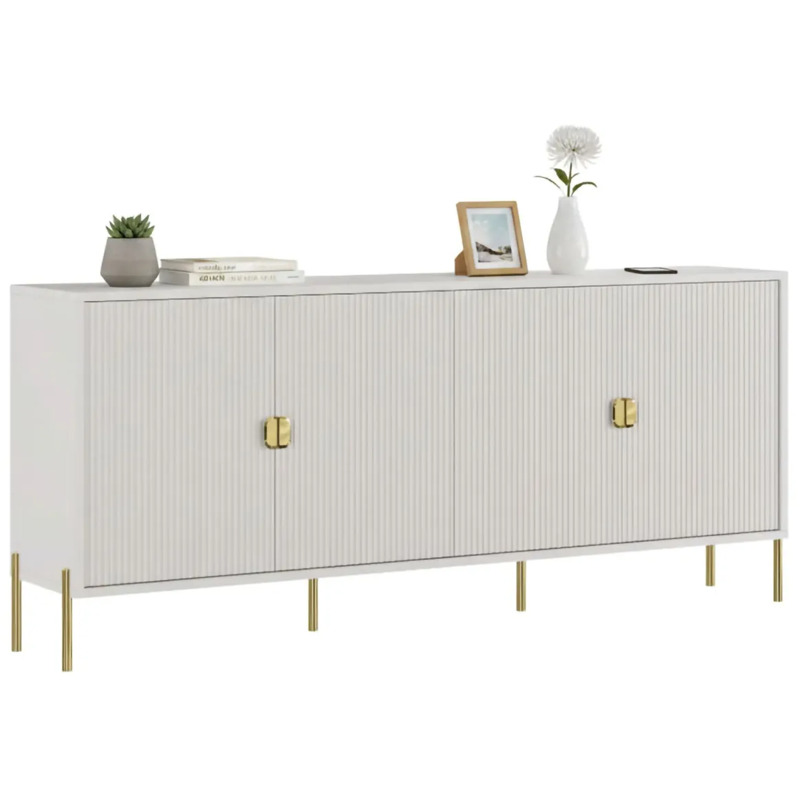 Madie|Credenze > Dmora Credenza Beige oro Cassetti Ripiani 203x49x83h cm, Apertura Battente - Parenti Oro, Beige Cashmere