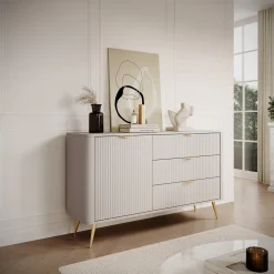 Credenza Beige oro 3 Cassetti un Ripiano 138x38x81h cm, Apertura Battente, Scorrevole - Halilomo