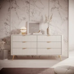 Credenza Beige oro 6 Cassetti un Ripiano 163x38x81h cm, Apertura Scorrevole - Hali