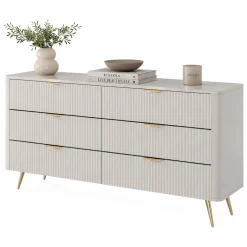 Credenza Beige oro 6 Cassetti un Ripiano 163x38x81h cm, Apertura Scorrevole - Hali