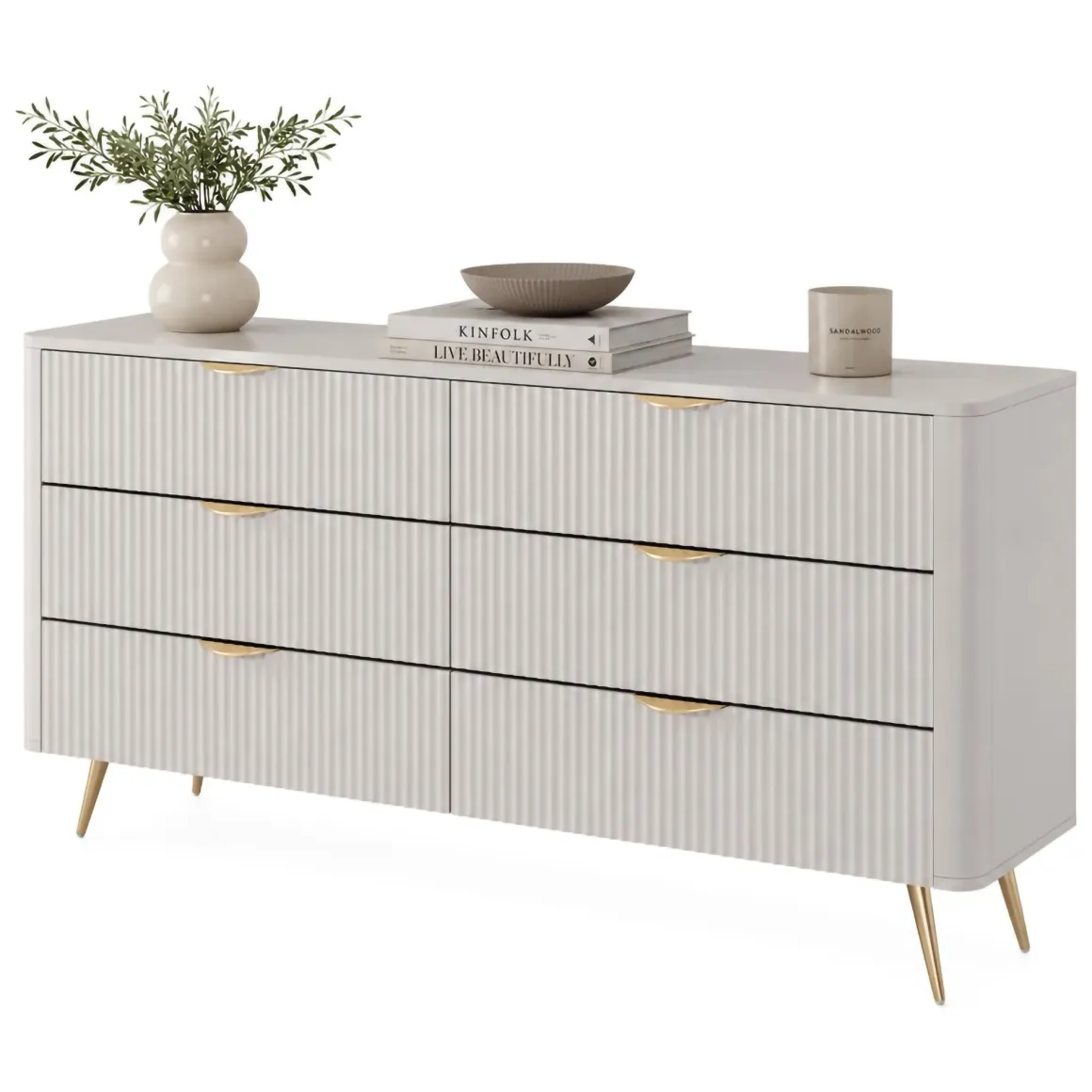 Credenza Beige oro 6 Cassetti un Ripiano 163x38x81h cm, Apertura Scorrevole - Hali