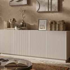Madie|Credenze > Dmora Credenza Beige 4 Ripiani 4 Ante 200x40x78h cm, 8 Vani - Masainas Beige Cashmere
