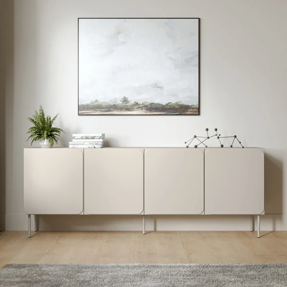 Credenza Beige 2 Ripiani Apertura Battente 200x42x75h cm, 4 Ante - Canino