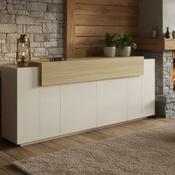 Madie|Credenze > Dmora Credenza 3 Ripiani Apertura Battente, a Ribalta 200x45x85.5h cm, 5 Ante - Pulfero Beige