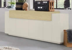 Madie|Credenze > Dmora Credenza 3 Ripiani Apertura Battente, a Ribalta 200x45x85.5h cm, 5 Ante - Pulfero Beige