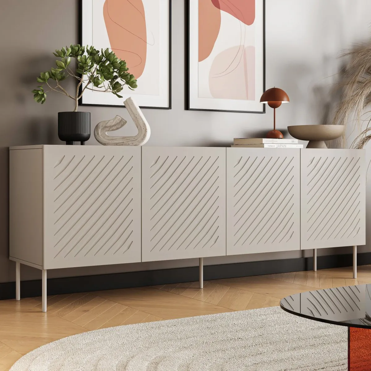 Madie|Credenze > Dmora Credenza Beige 2 Ripiani 6 Vani 200.5x42x75h cm, 4 Ante - Carema Beige Cashmere