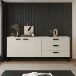 Credenza Beige Rovere Nero 3 Cassetti 2 Ripiani 184x40x86h cm, Apertura Battente - Muzzano