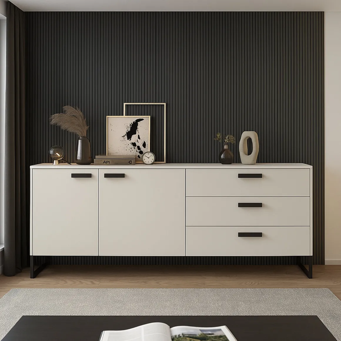 Credenza Beige Rovere Nero 3 Cassetti 2 Ripiani 184x40x86h cm, Apertura Battente - Muzzano