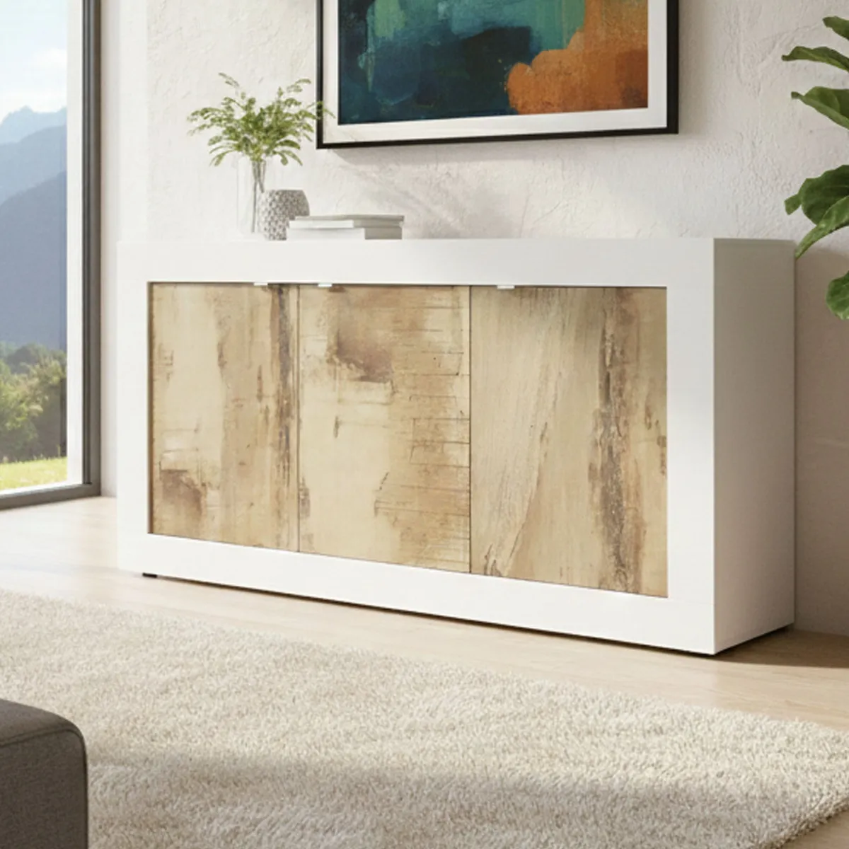 Madie|Credenze > Dmora Credenza bianca e acacia 160x43x86h cm 3 ante - Faustin Marrone, Bianco Acacia