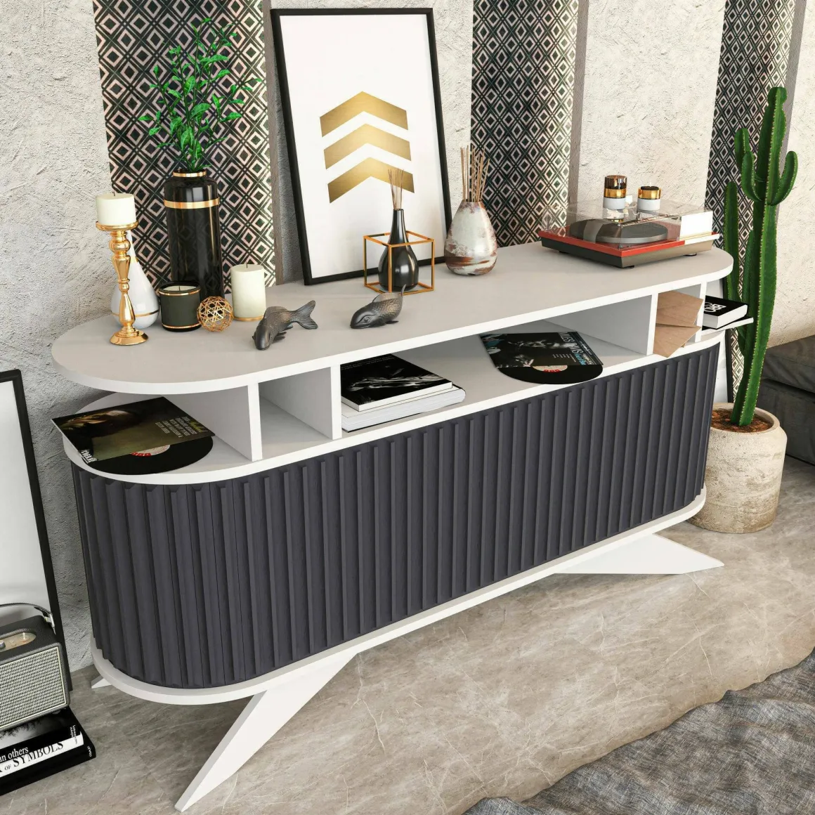 Credenza bianca e antracite 150x43x75h cm 2 ante - Joy