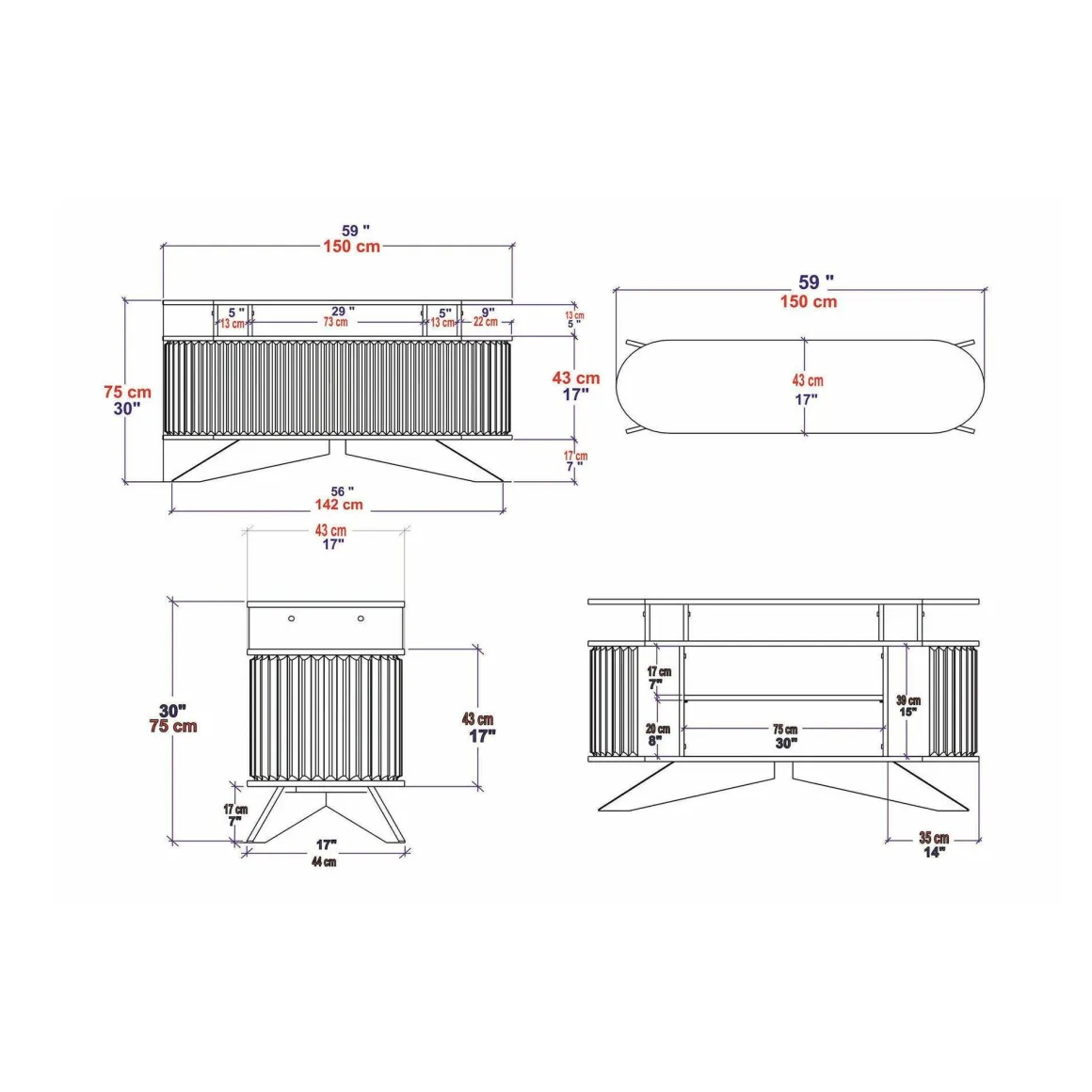 Credenza bianca e antracite 150x43x75h cm 2 ante - Joy