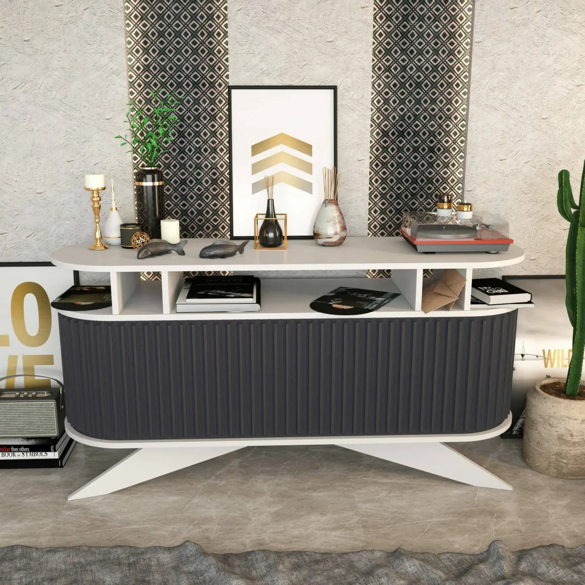 Credenza bianca e antracite 150x43x75h cm 2 ante - Joy