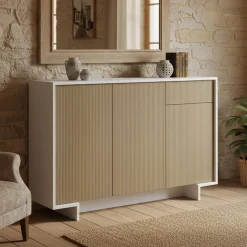 Credenza bianca e beige 134x35x87h cm 3 ante e 1 cassetto - Arius