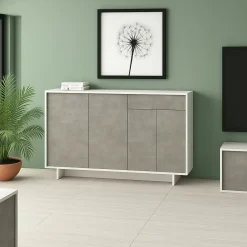 Cucina|Madie > Dmora Credenza bianca e cemento 134x35x87h cm 3 ante e 1 cassetto - Arius Grigio, Bianco Cemento