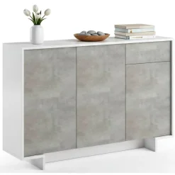 Cucina|Madie > Dmora Credenza bianca e cemento 134x35x87h cm 3 ante e 1 cassetto - Arius Grigio, Bianco Cemento
