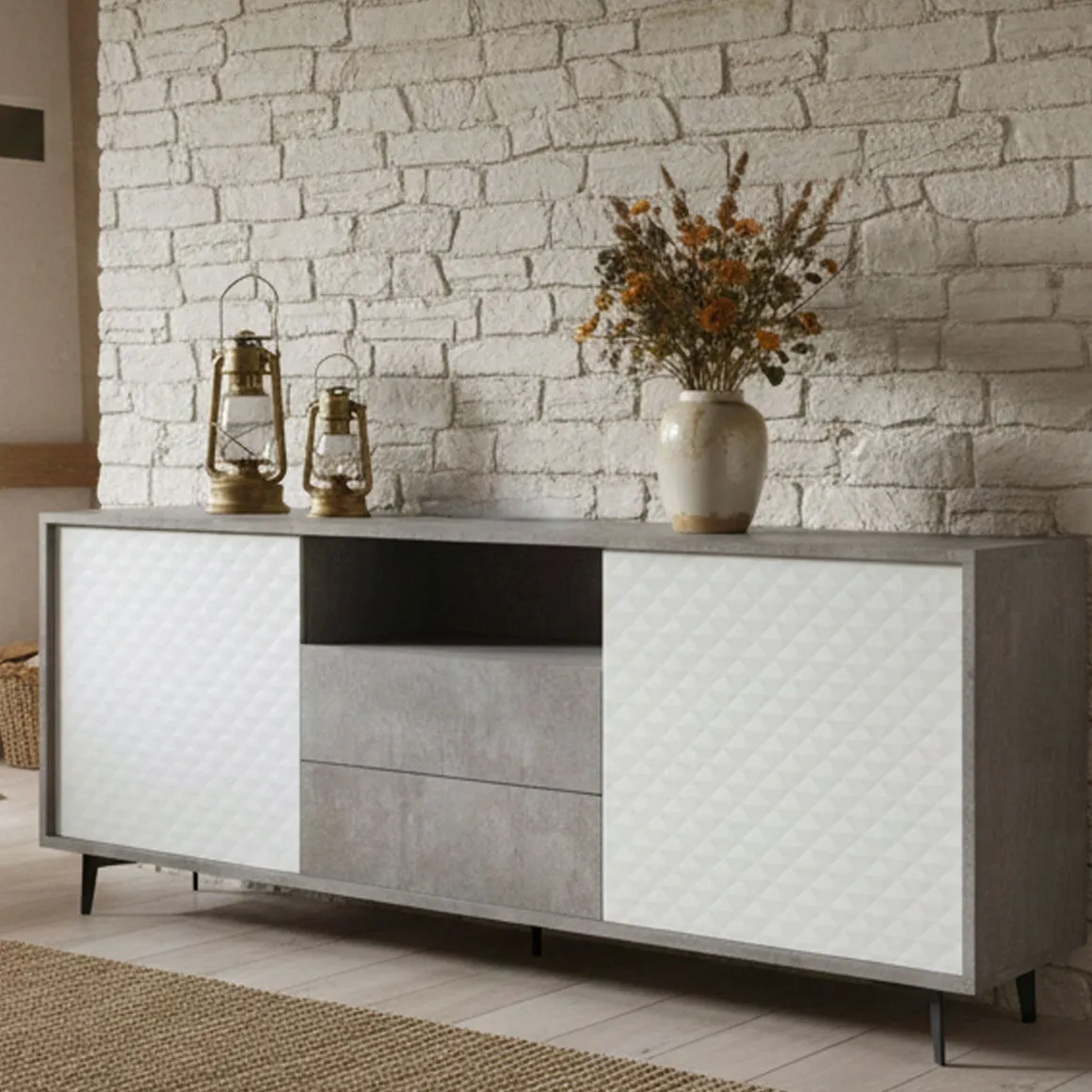 Credenza bianca e cemento 184x45x77h cm 2 ante e 2 cassetti - Azis