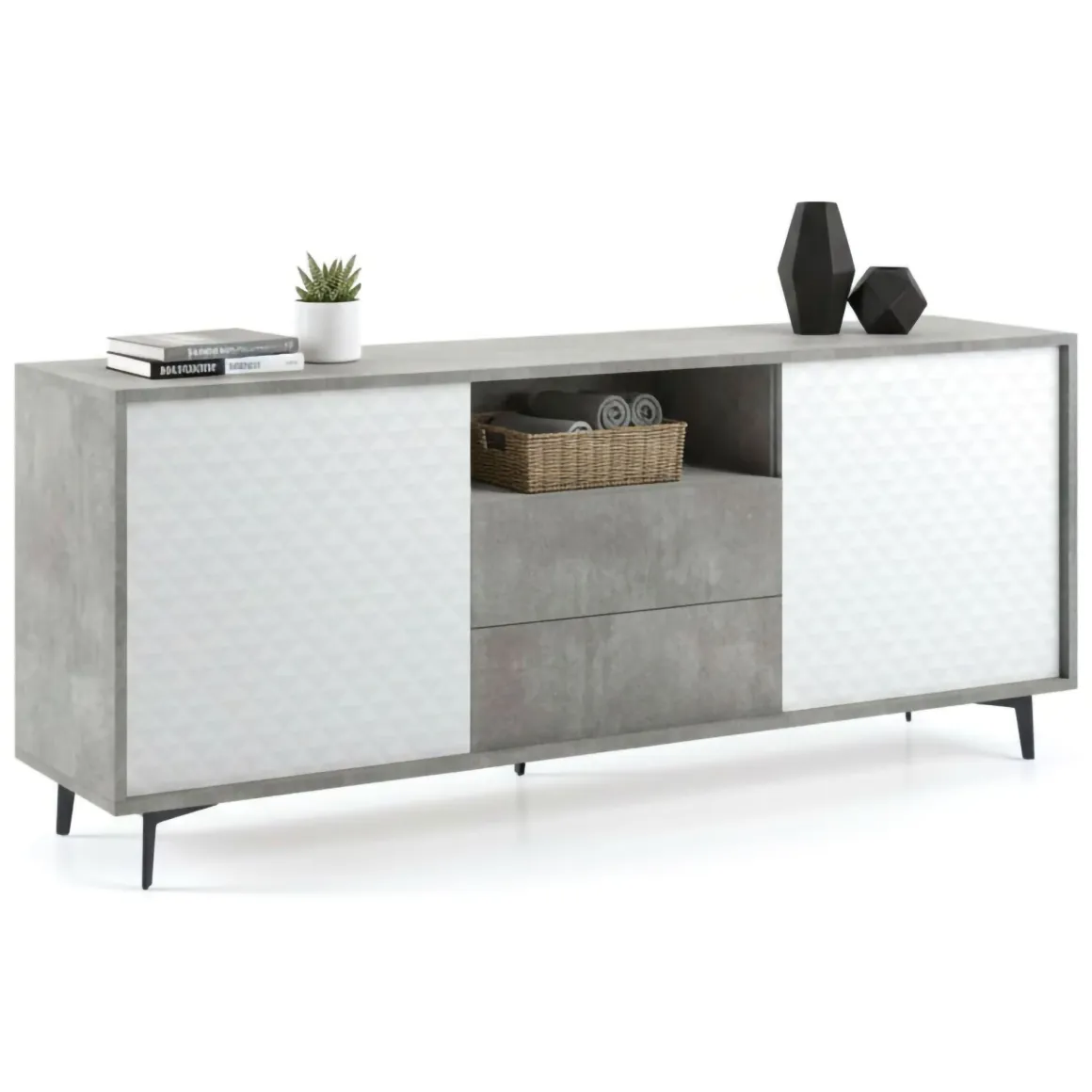 Credenza bianca e cemento 184x45x77h cm 2 ante e 2 cassetti - Azis