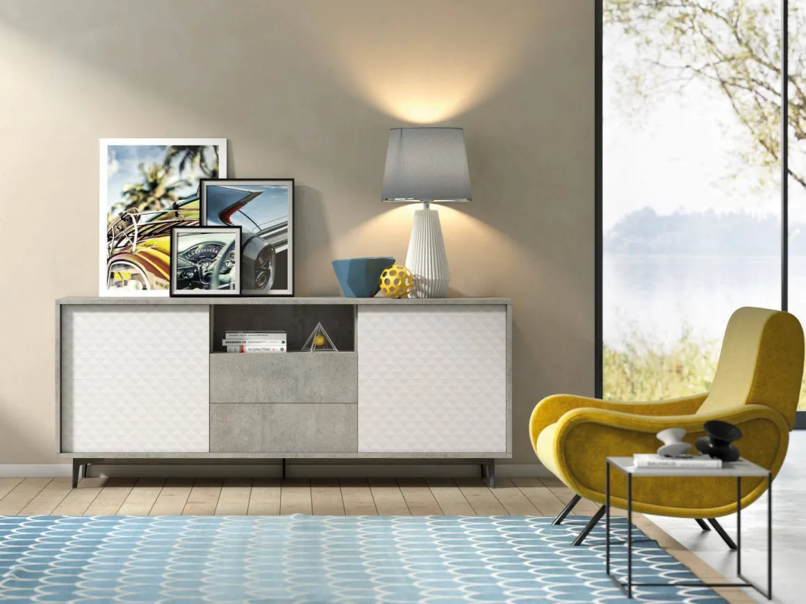 Credenza bianca e cemento 184x45x77h cm 2 ante e 2 cassetti - Azis
