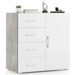Credenza bianca e cemento 90x41x87h cm 1 anta e 4 cassetti - Aracnida