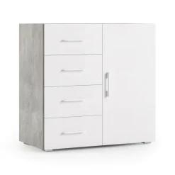 Credenza bianca e cemento 90x41x87h cm 1 anta e 4 cassetti - Aracnida