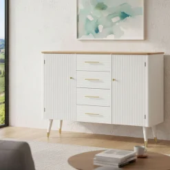 Madie|Credenze > Dmora Credenza bianca e marrone 117x37x90h cm 2 ante e 4 cassetti - Acute Marrone, Bianco