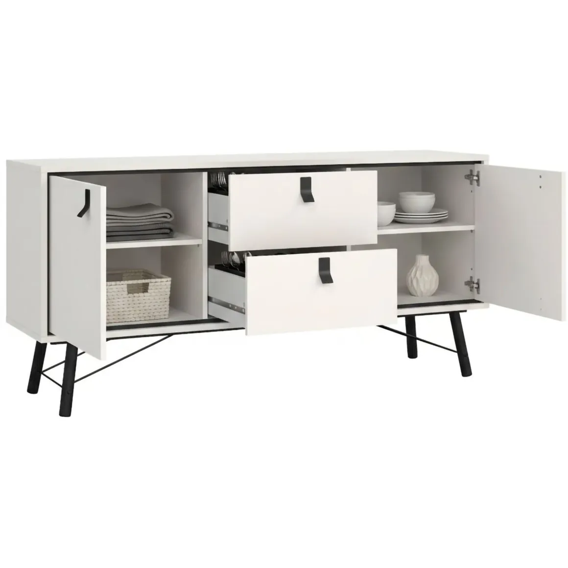 Credenza bianca e nera 150x40x72h cm 2 ante e 2 cassetti - Manyi