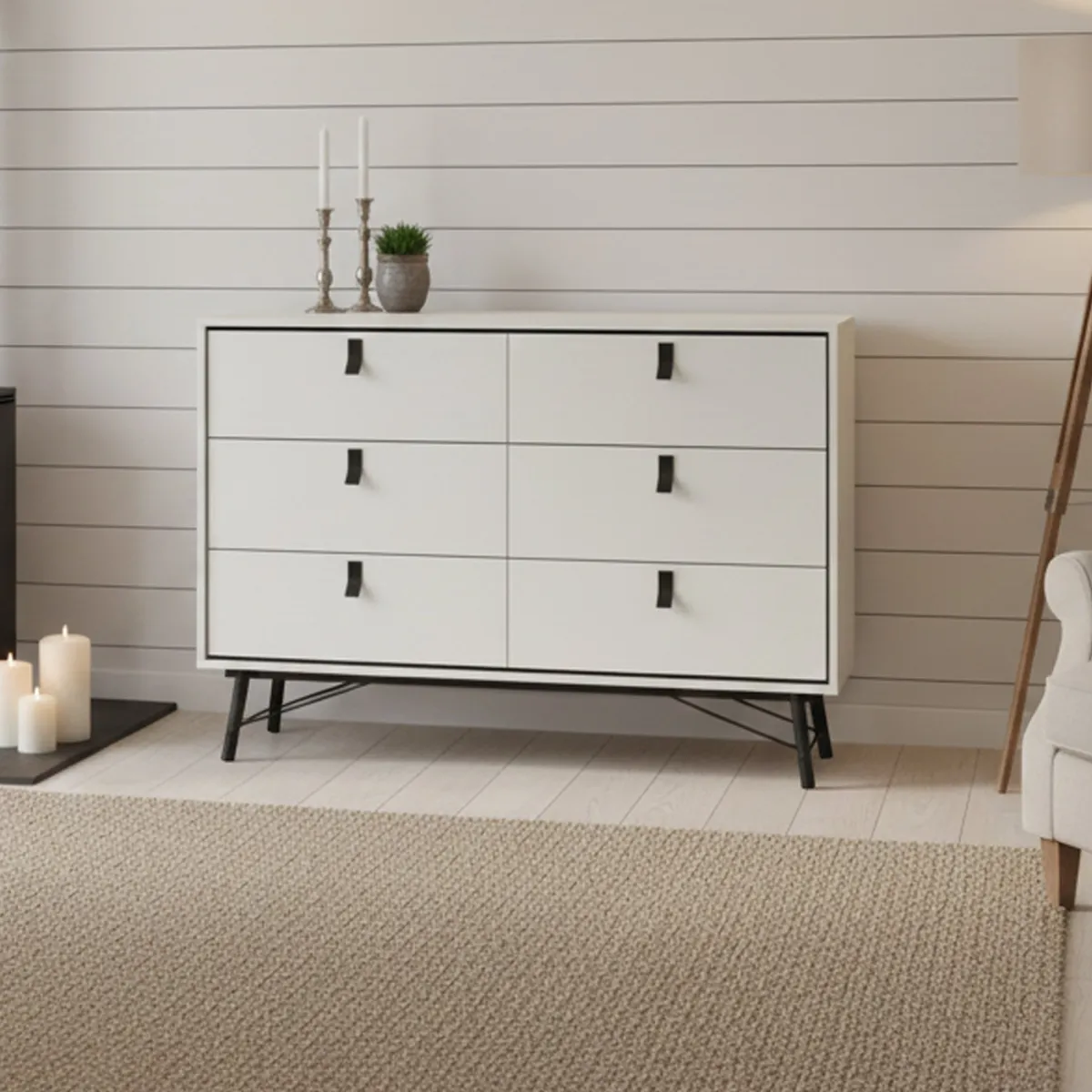 Madie|Credenze > Dmora Credenza bianca e nera 150x40x94h cm 6 cassetti - Anturio Nero, Bianco