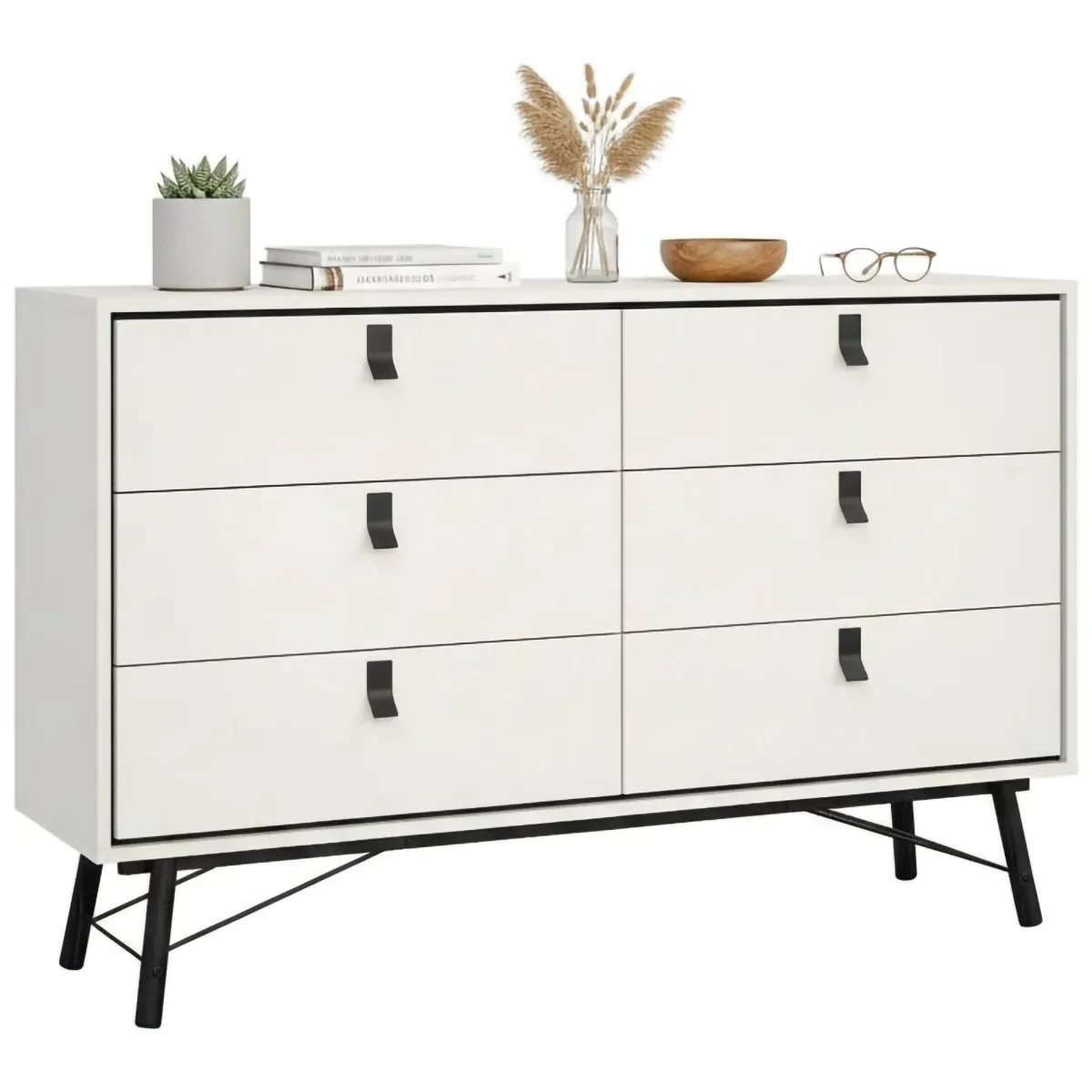 Madie|Credenze > Dmora Credenza bianca e nera 150x40x94h cm 6 cassetti - Anturio Nero, Bianco