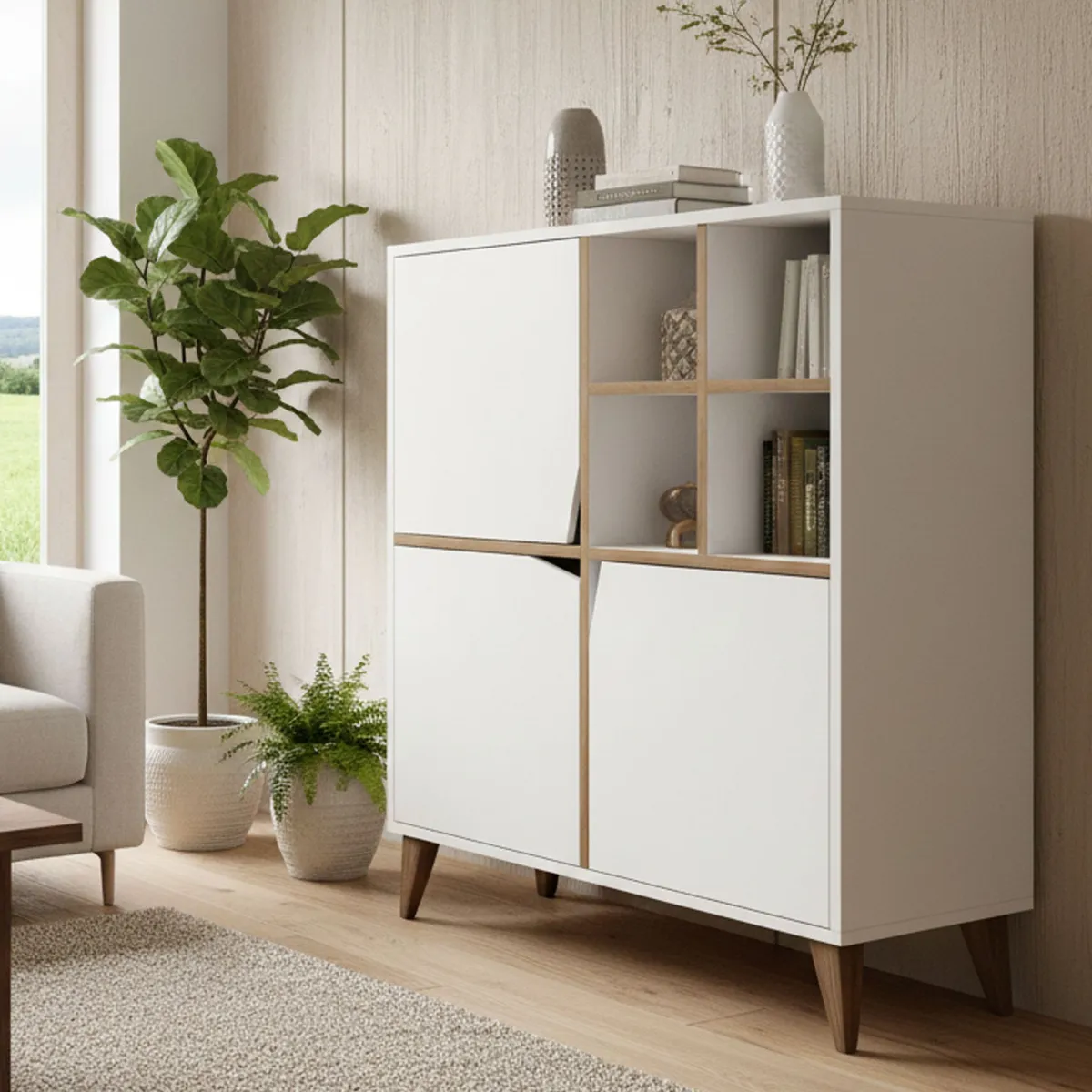 Madie|Credenze > Dmora Credenza bianca e noce 100x30x115h cm 3 ante - Londra Marrone, Bianco Noce