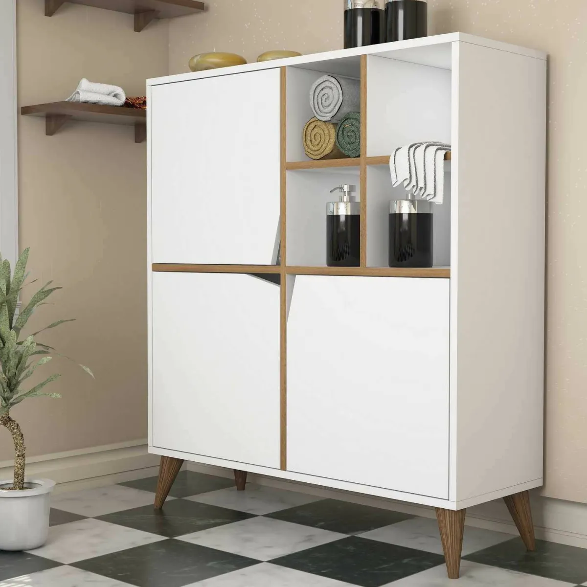 Madie|Credenze > Dmora Credenza bianca e noce 100x30x115h cm 3 ante - Londra Marrone, Bianco Noce