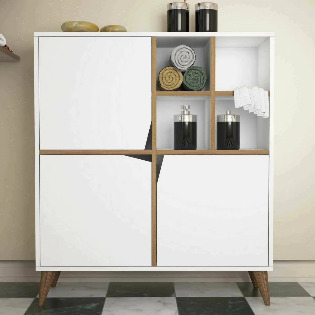 Madie|Credenze > Dmora Credenza bianca e noce 100x30x115h cm 3 ante - Londra Marrone, Bianco Noce