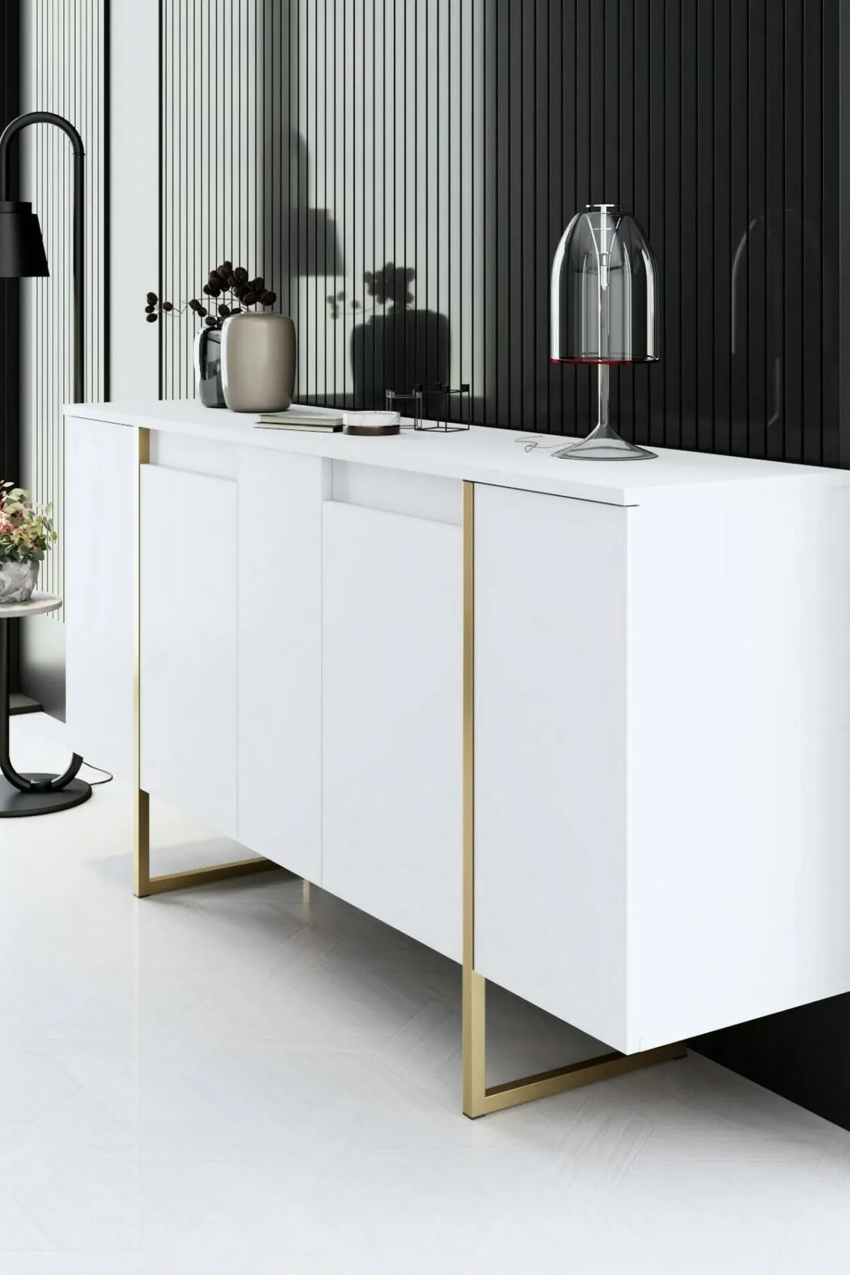 Cucina|Madie > Dmora Credenza bianca e oro elegante 160x35x80h cm 4 ante - Arta Oro, Bianco