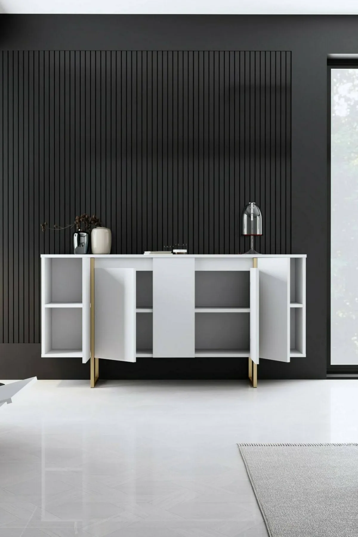 Cucina|Madie > Dmora Credenza bianca e oro elegante 160x35x80h cm 4 ante - Arta Oro, Bianco