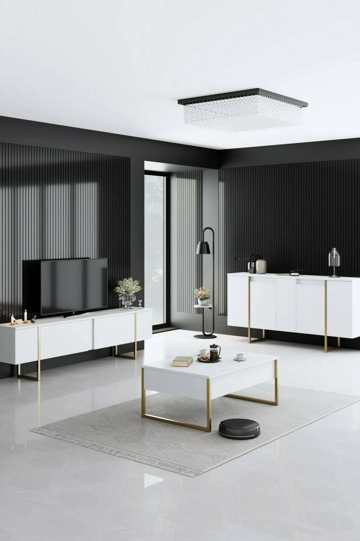 Cucina|Madie > Dmora Credenza bianca e oro elegante 160x35x80h cm 4 ante - Arta Oro, Bianco