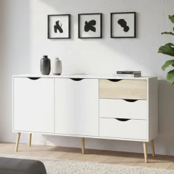 Credenza bianca e quercia 147x39x81h cm 2 ante e 3 cassetti - Animato