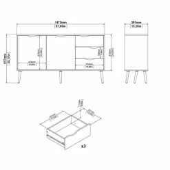 Credenza bianca e quercia 147x39x81h cm 2 ante e 3 cassetti - Animato