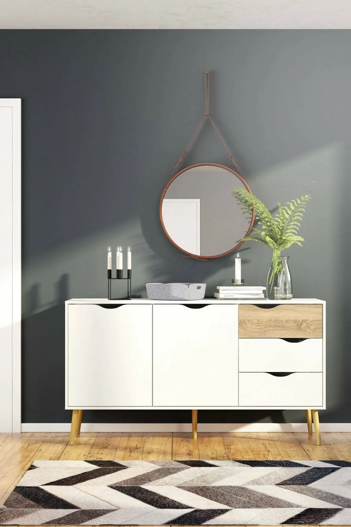 Credenza bianca e quercia 147x39x81h cm 2 ante e 3 cassetti - Animato