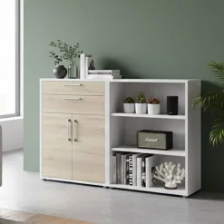 Madie|Credenze > Dmora Credenza bianca e quercia 195x39x81h cm 3 ante e 3 cassetti - Anima Marrone, Bianco Quercia