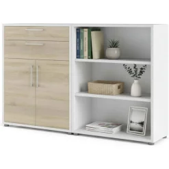 Madie|Credenze > Dmora Credenza bianca e quercia 195x39x81h cm 3 ante e 3 cassetti - Anima Marrone, Bianco Quercia