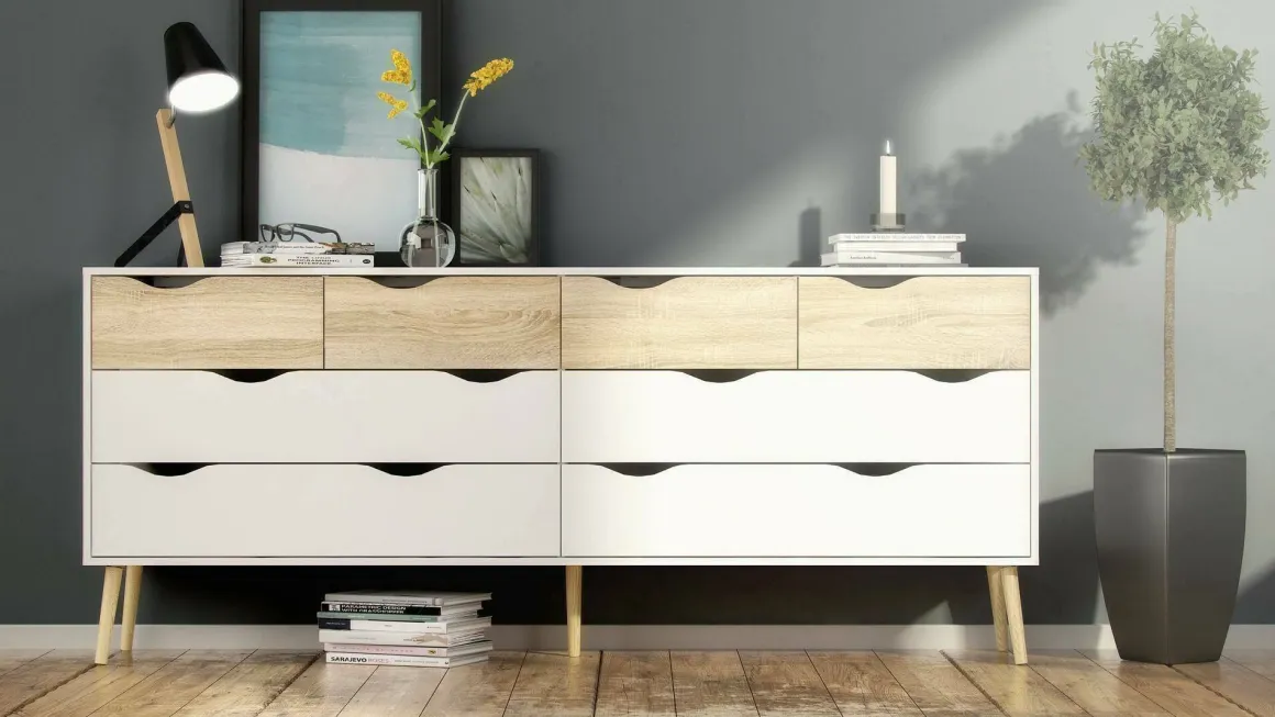 Credenza bianca e quercia 195x39x81h cm 8 cassetti - Arista