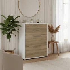 Madie|Credenze > Dmora Credenza bianca e quercia 98x39x81h cm 2 ante e 1 cassetto - Audit Marrone, Bianco Quercia