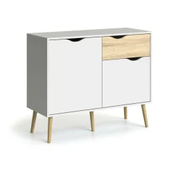 Madie|Credenze > Dmora Credenza bianca e quercia 98x39x81h cm 2 ante e 1 cassetto - Audit Marrone, Bianco Quercia