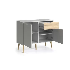 Madie|Credenze > Dmora Credenza bianca e quercia 98x39x81h cm 2 ante e 1 cassetto - Audit Marrone, Bianco Quercia