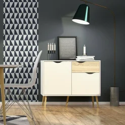 Madie|Credenze > Dmora Credenza bianca e quercia 98x39x81h cm 2 ante e 1 cassetto - Audit Marrone, Bianco Quercia